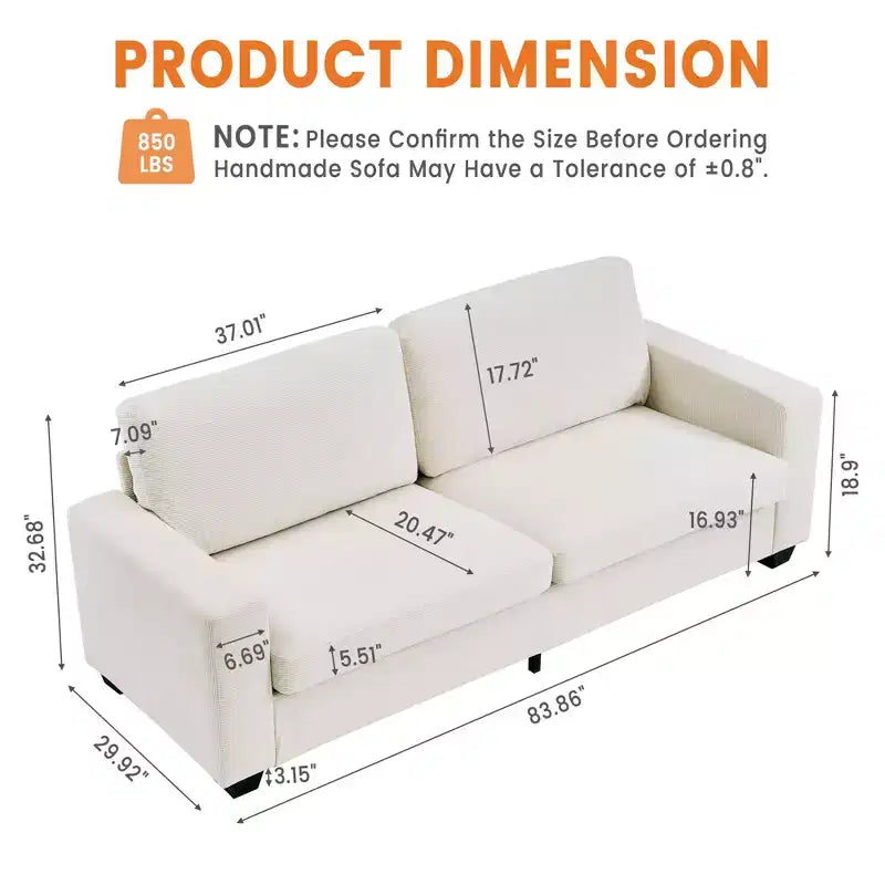 83" Corduroy Cloud Couch – Deep Seat, Wide Armrests, Modern Upholstered Sofa