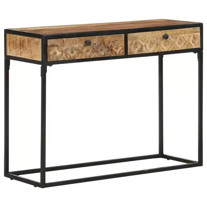 Solid Mango Wood Console Table – 39.4"x13.8"x29.5", Carved Drawers, Black Steel