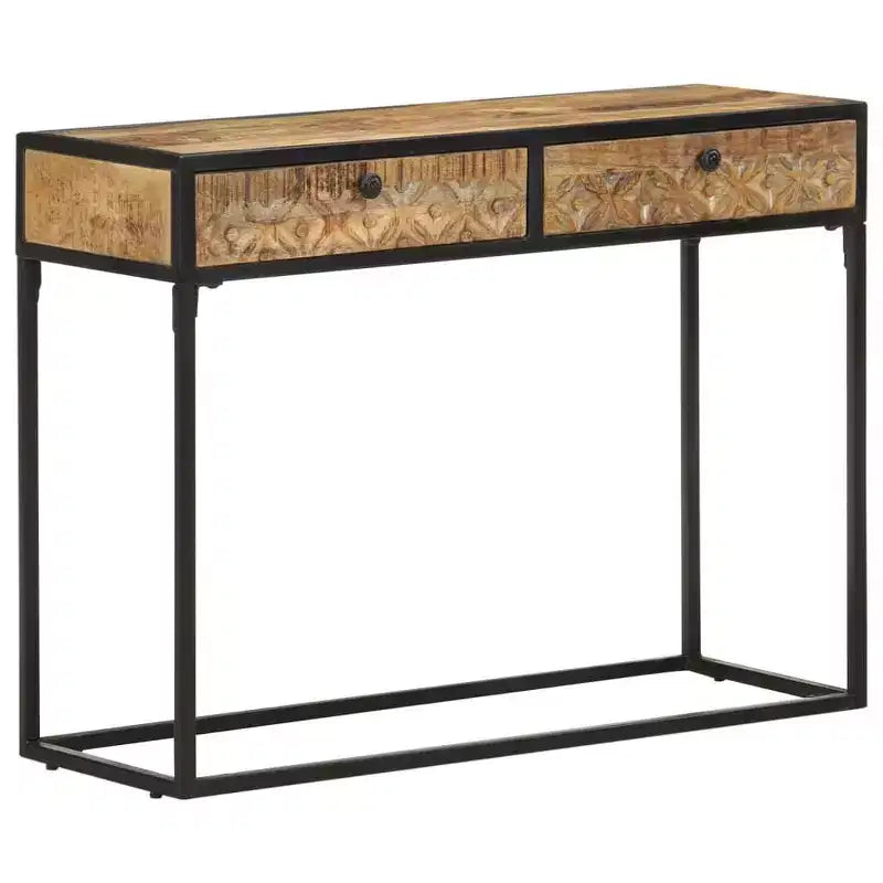 Solid Mango Wood Console Table – 39.4"x13.8"x29.5", Carved Drawers, Black Steel