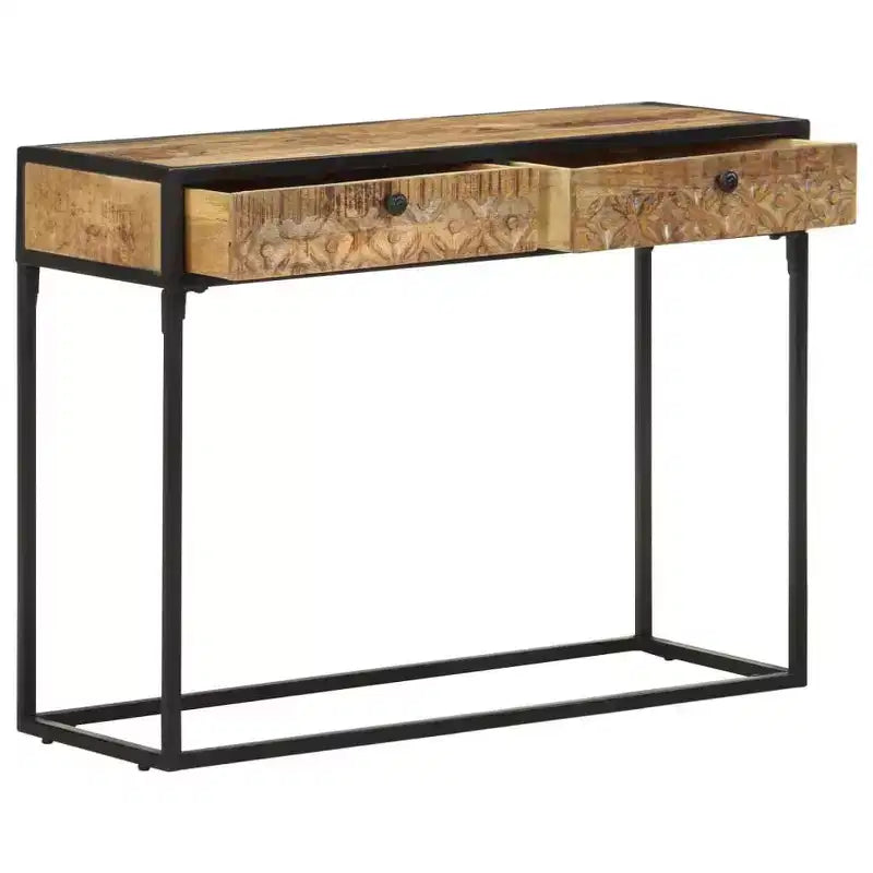 Solid Mango Wood Console Table – 39.4"x13.8"x29.5", Carved Drawers, Black Steel