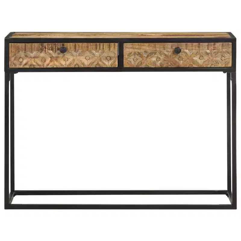 Solid Mango Wood Console Table – 39.4"x13.8"x29.5", Carved Drawers, Black Steel