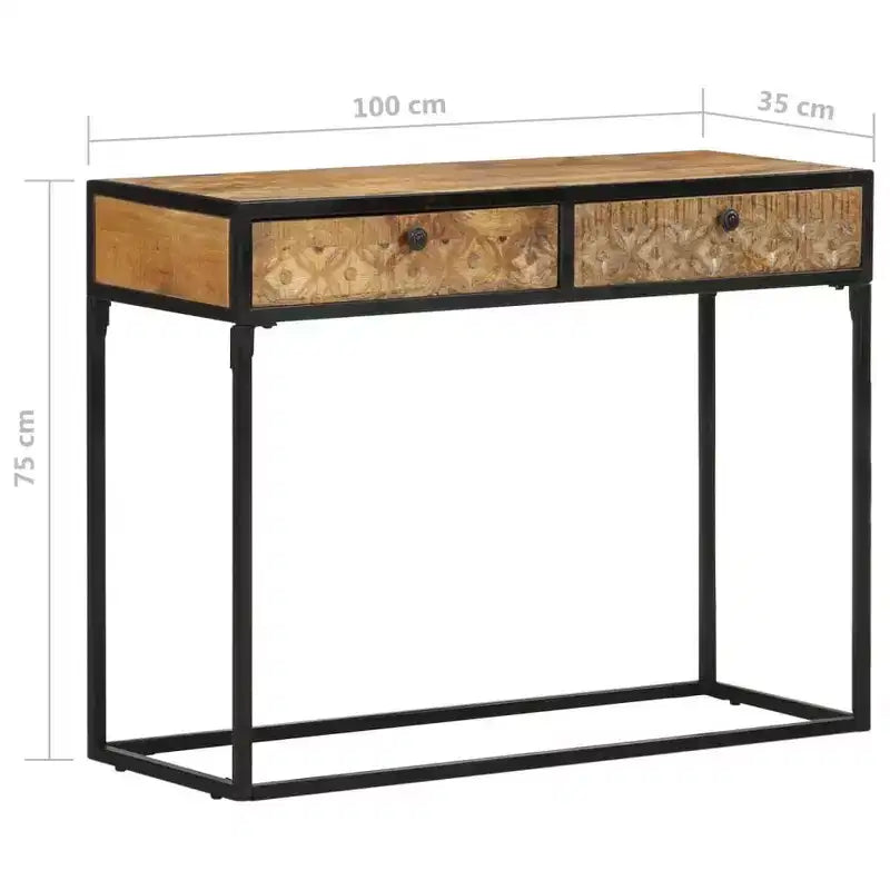 Solid Mango Wood Console Table – 39.4"x13.8"x29.5", Carved Drawers, Black Steel