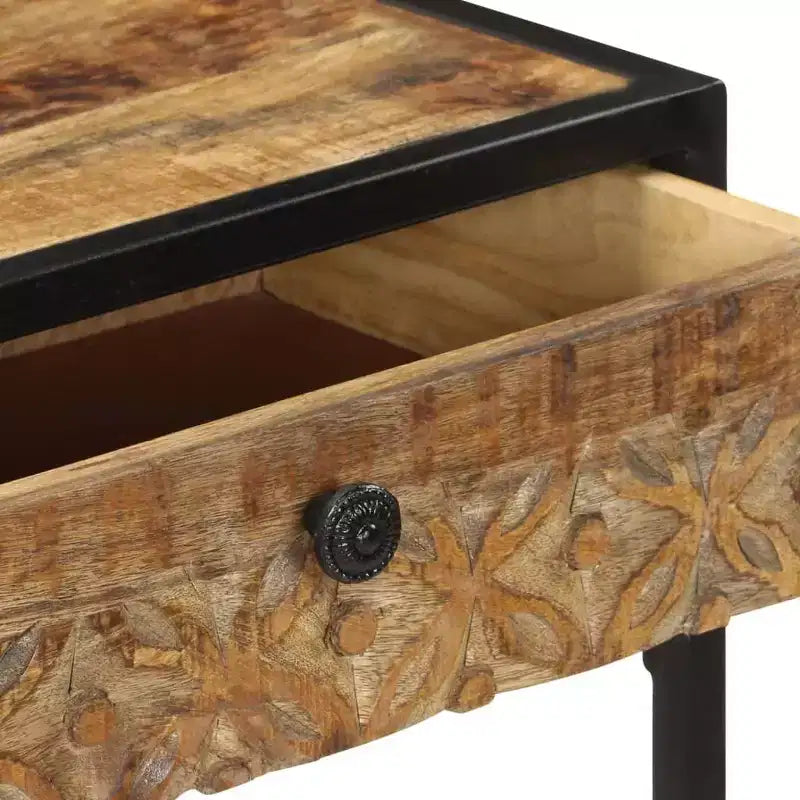 Solid Mango Wood Console Table – 39.4"x13.8"x29.5", Carved Drawers, Black Steel
