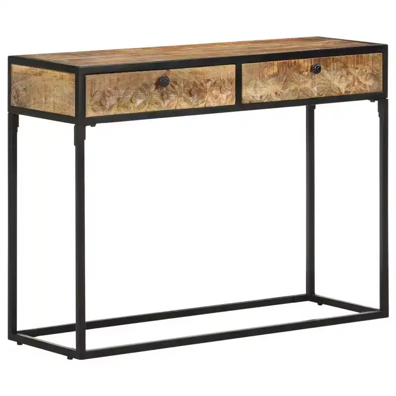 Solid Mango Wood Console Table – 39.4"x13.8"x29.5", Carved Drawers, Black Steel