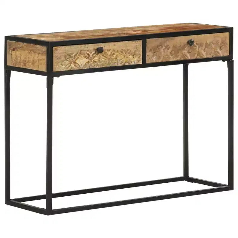 Solid Mango Wood Console Table – 39.4"x13.8"x29.5", Carved Drawers, Black Steel