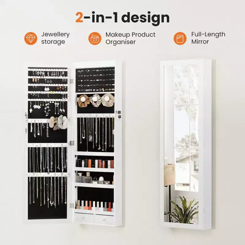 47.2" Wall Mounted Jewelry Armoire with 6 LEDs, Built-In Mirror & Lock