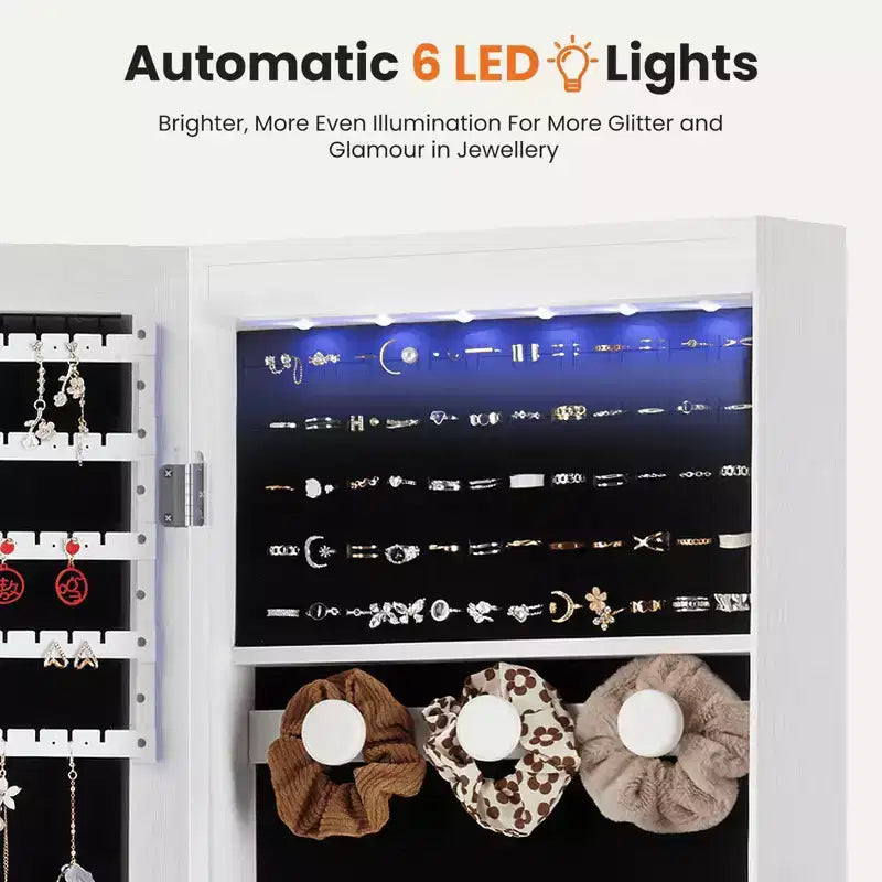47.2" Wall Mounted Jewelry Armoire with 6 LEDs, Built-In Mirror & Lock