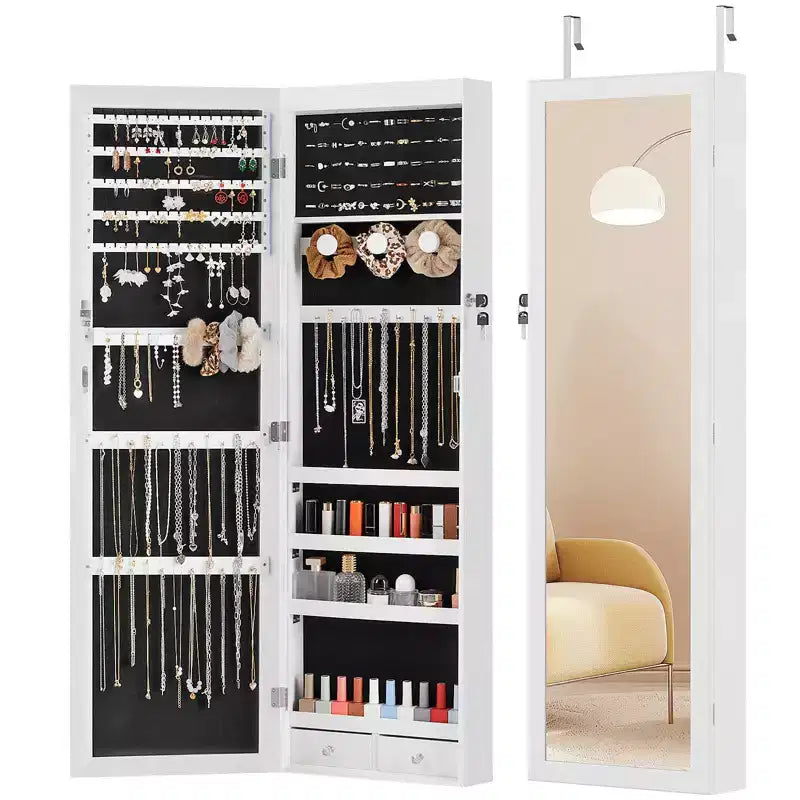 47.2" Wall Mounted Jewelry Armoire with 6 LEDs, Built-In Mirror & Lock