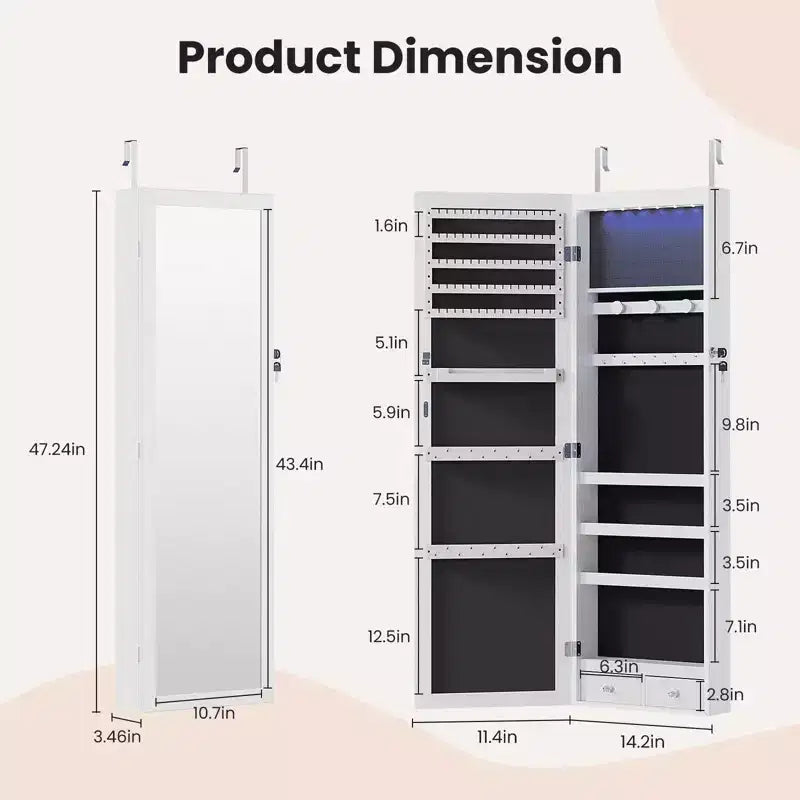 47.2" Wall Mounted Jewelry Armoire with 6 LEDs, Built-In Mirror & Lock