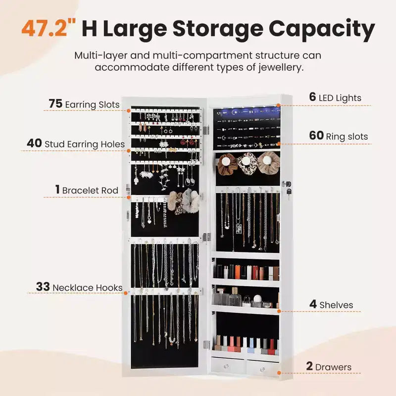 47.2" Wall Mounted Jewelry Armoire with 6 LEDs, Built-In Mirror & Lock