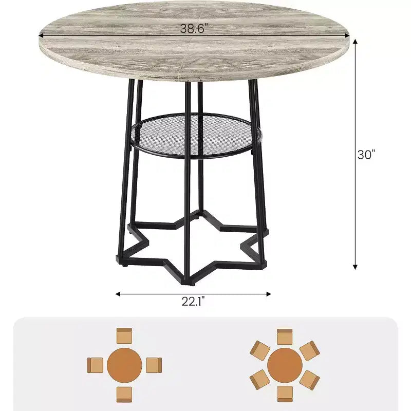 39" Round Dining Table, Black Iron + Brown/Grey, Seats 4, Loop Leg Base