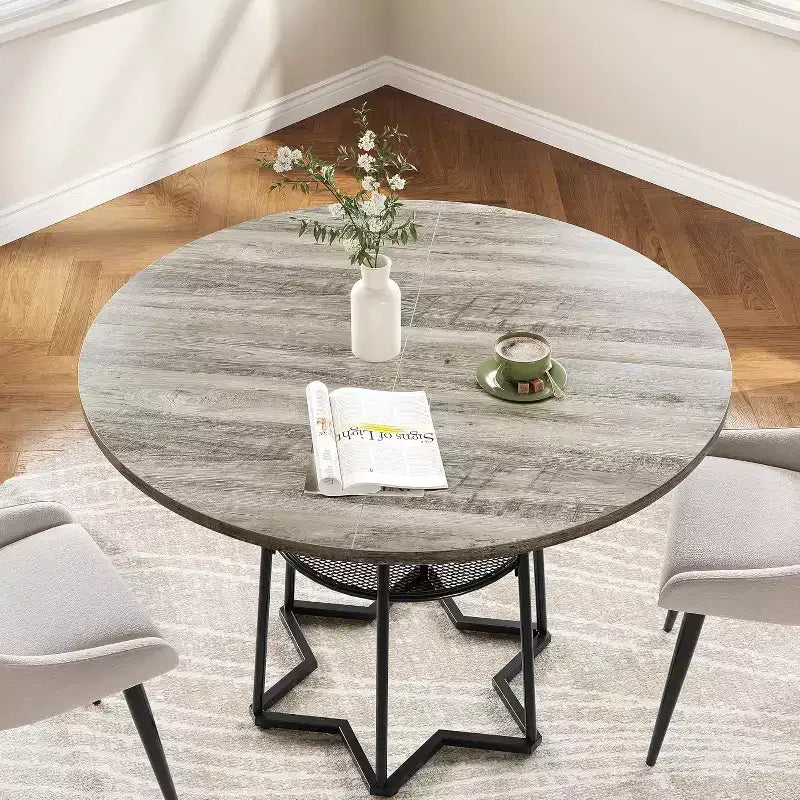 39" Round Dining Table, Black Iron + Brown/Grey, Seats 4, Loop Leg Base
