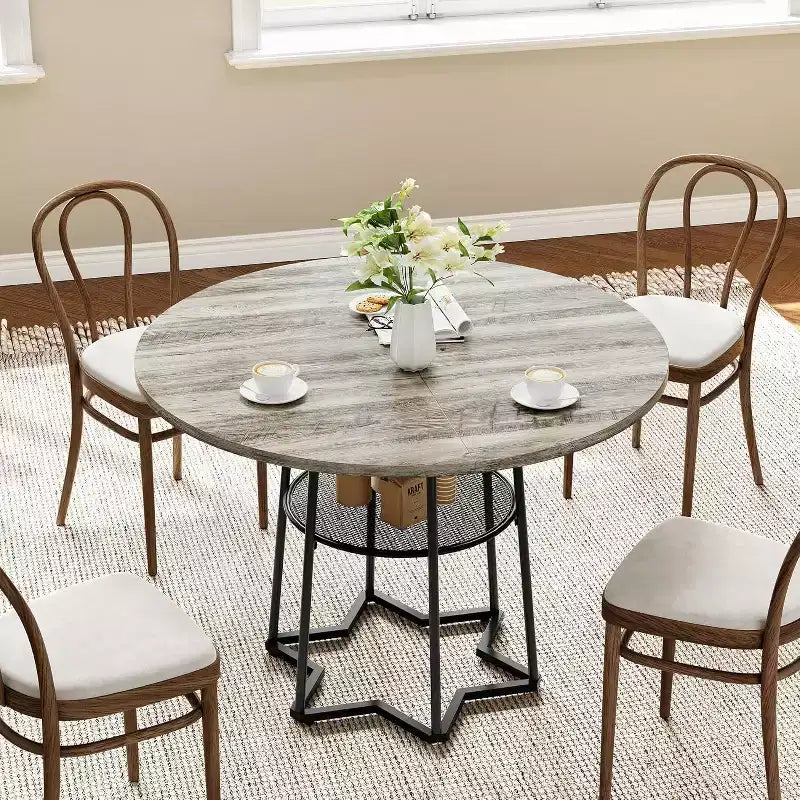 39" Round Dining Table, Black Iron + Brown/Grey, Seats 4, Loop Leg Base