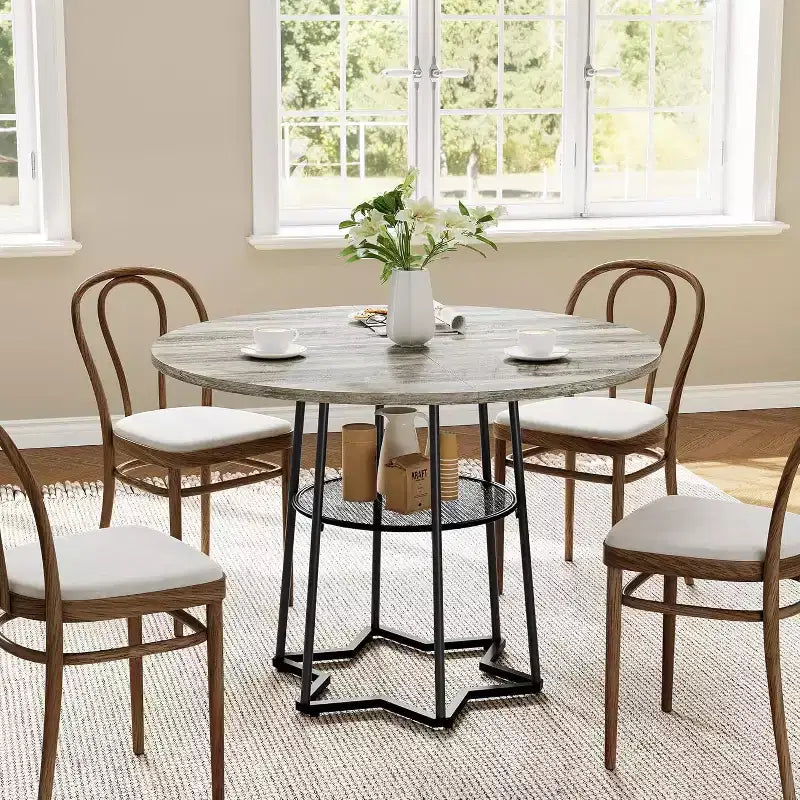 39" Round Dining Table, Black Iron + Brown/Grey, Seats 4, Loop Leg Base