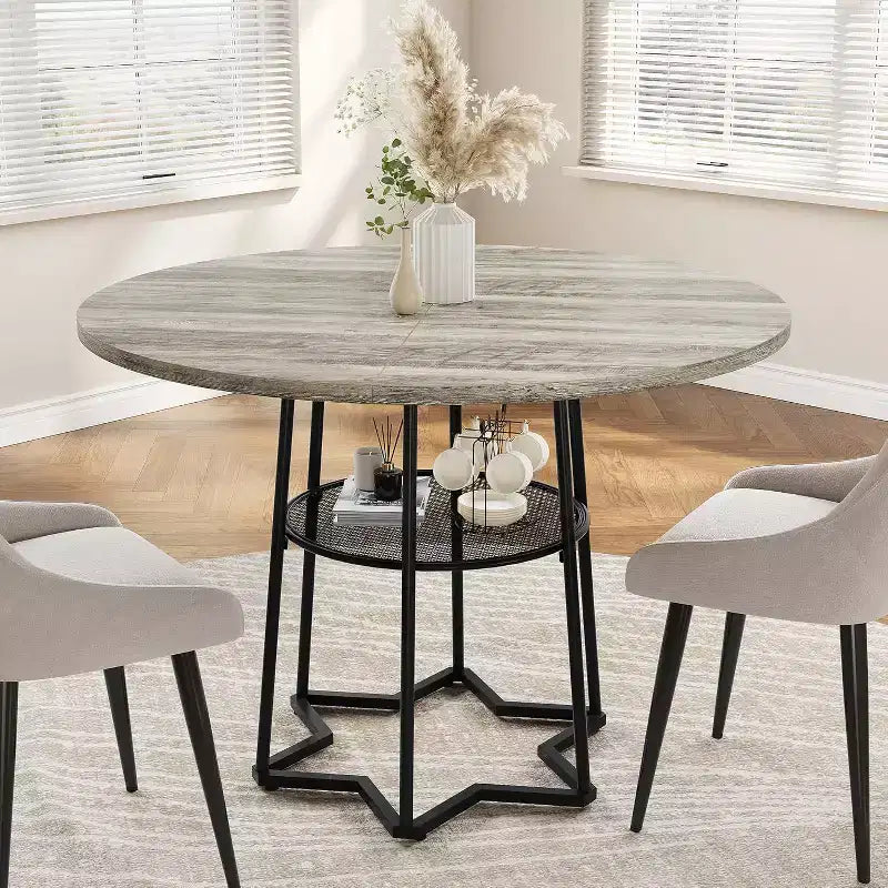 39" Round Dining Table, Black Iron + Brown/Grey, Seats 4, Loop Leg Base