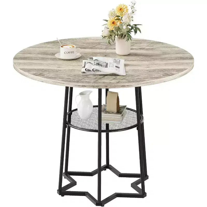 39" Round Dining Table, Black Iron + Brown/Grey, Seats 4, Loop Leg Base