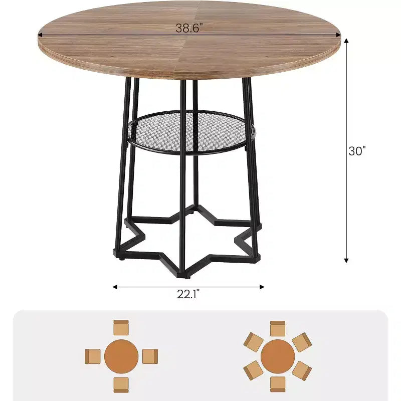 39" Round Dining Table, Black Iron + Brown/Grey, Seats 4, Loop Leg Base
