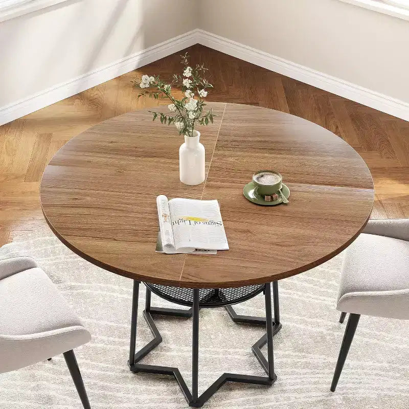 39" Round Dining Table, Black Iron + Brown/Grey, Seats 4, Loop Leg Base