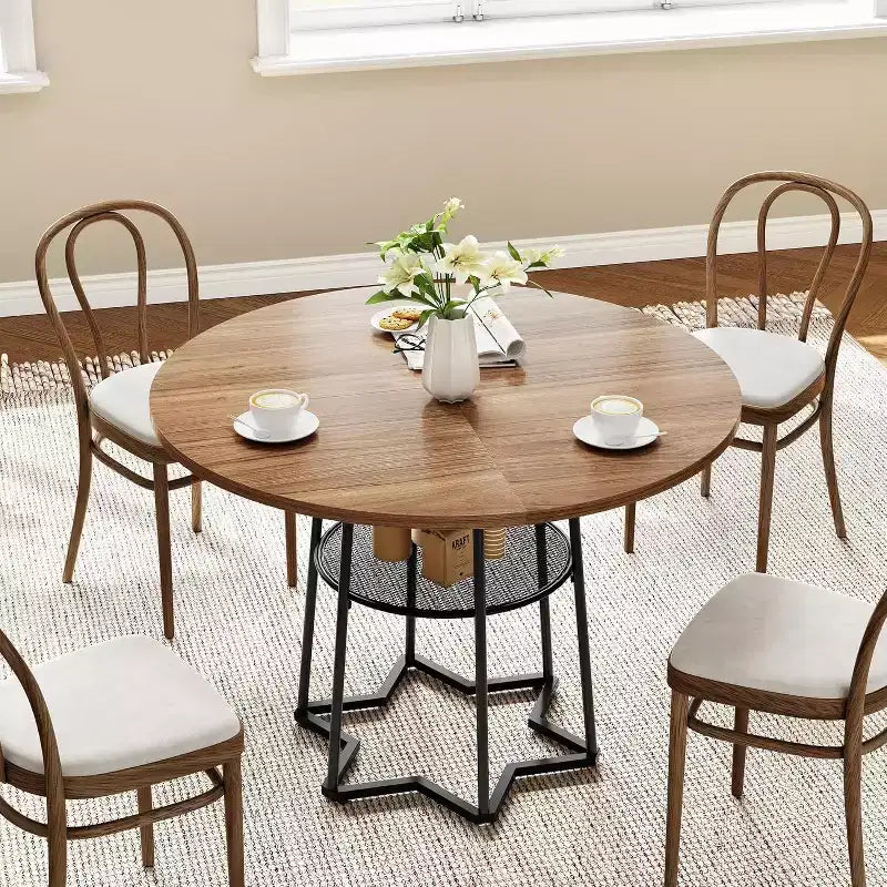 39" Round Dining Table, Black Iron + Brown/Grey, Seats 4, Loop Leg Base