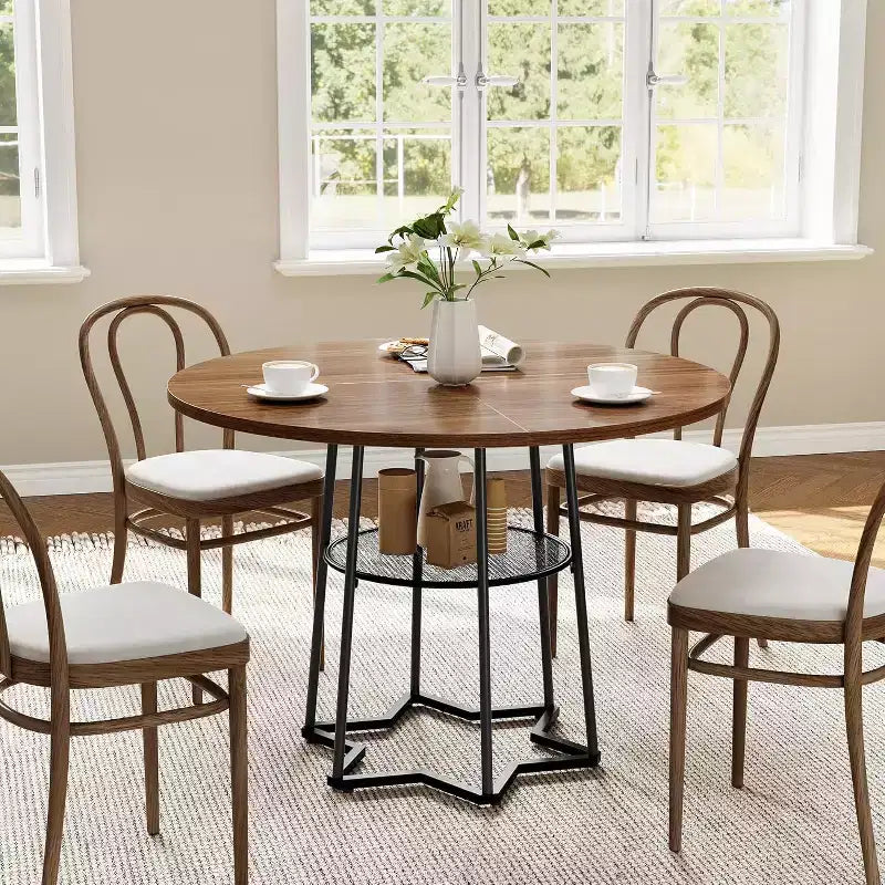 39" Round Dining Table, Black Iron + Brown/Grey, Seats 4, Loop Leg Base