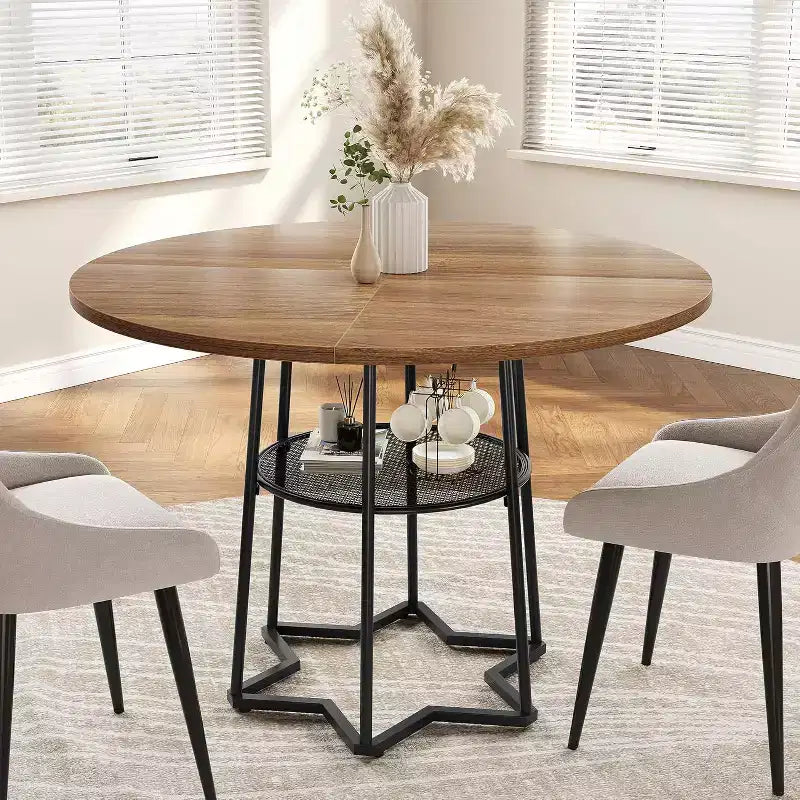 39" Round Dining Table, Black Iron + Brown/Grey, Seats 4, Loop Leg Base