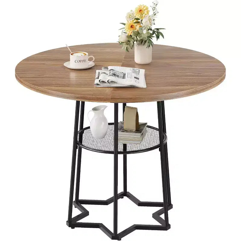 39" Round Dining Table, Black Iron + Brown/Grey, Seats 4, Loop Leg Base
