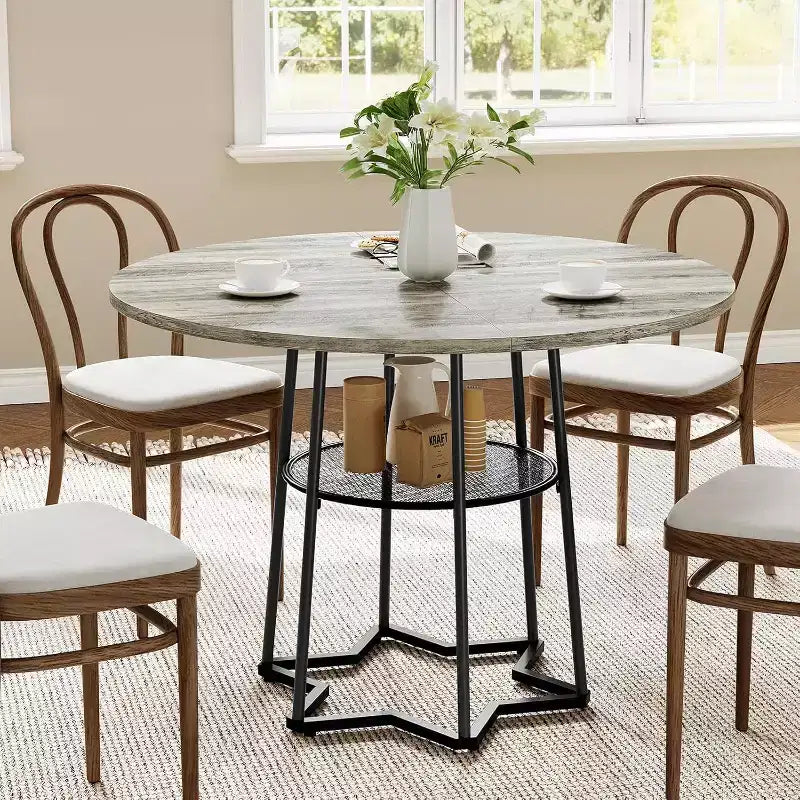 39" Round Dining Table, Black Iron + Brown/Grey, Seats 4, Loop Leg Base