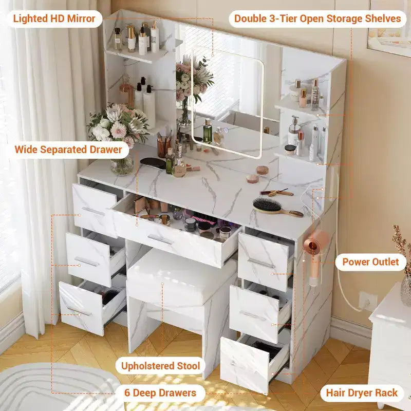 Vanity Desk with Mirror, LED Lights, Power Outlet & Stool – 7 Drawers, Dressing Table