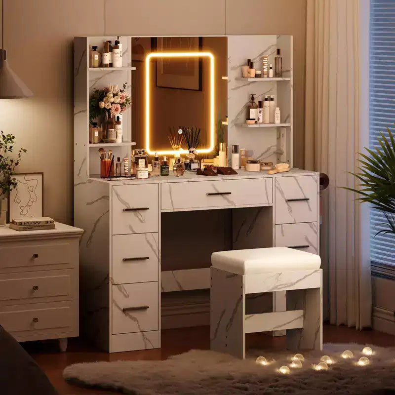 Vanity Desk with Mirror, LED Lights, Power Outlet & Stool – 7 Drawers, Dressing Table