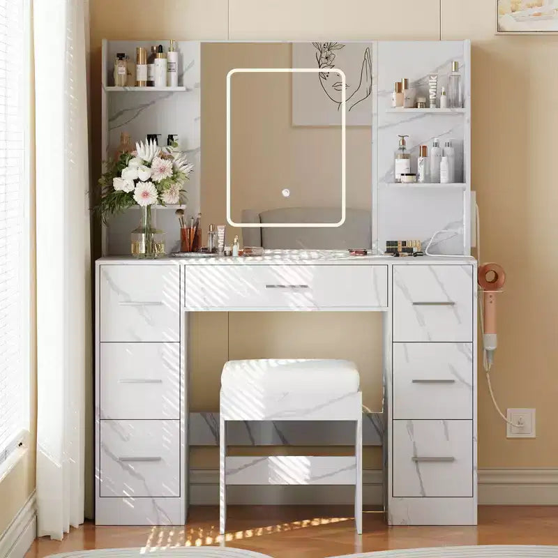 Vanity Desk with Mirror, LED Lights, Power Outlet & Stool – 7 Drawers, Dressing Table