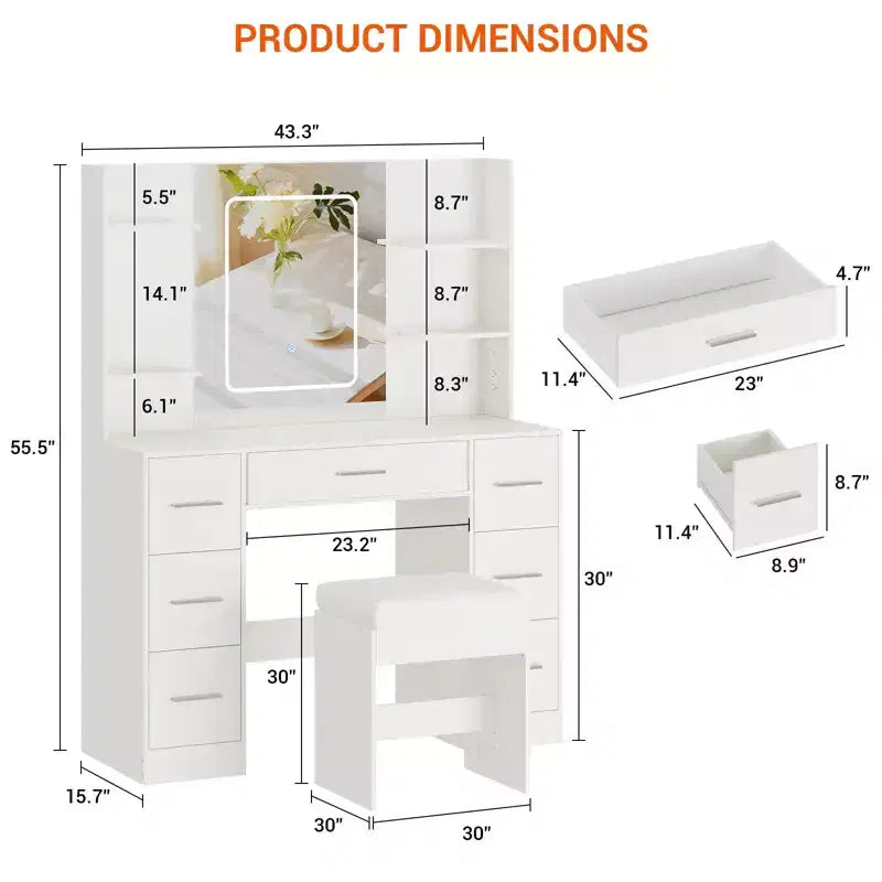 Vanity Desk with Mirror, LED Lights, Power Outlet & Stool – 7 Drawers, Dressing Table
