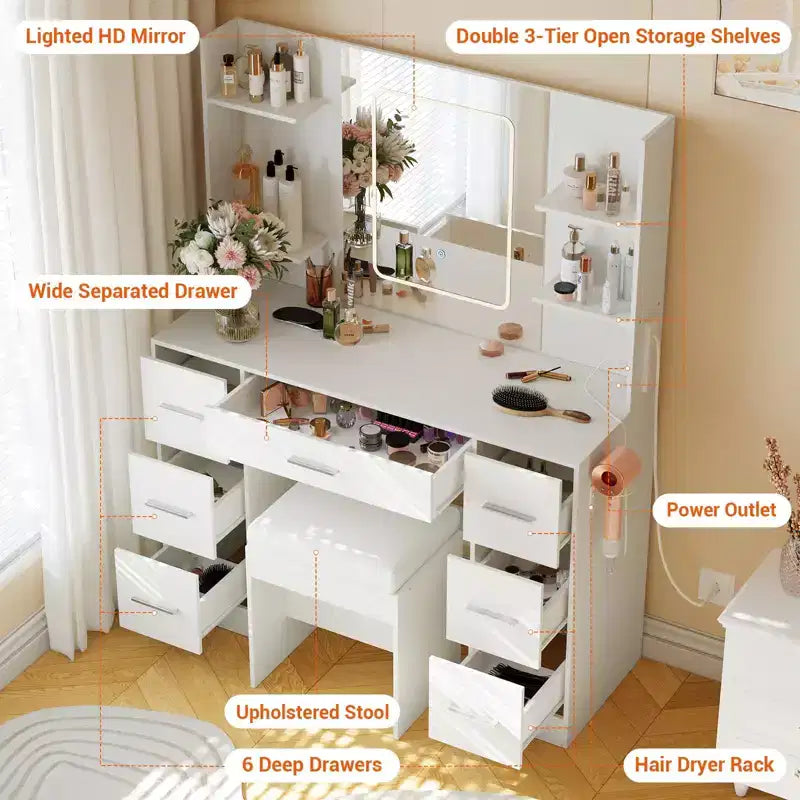 Vanity Desk with Mirror, LED Lights, Power Outlet & Stool – 7 Drawers, Dressing Table