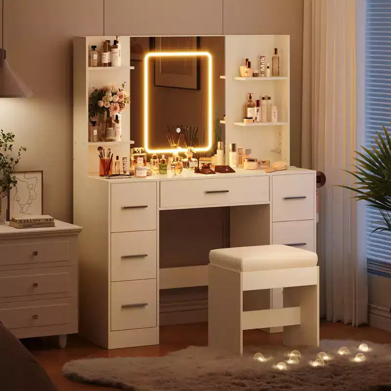 Vanity Desk with Mirror, LED Lights, Power Outlet & Stool – 7 Drawers, Dressing Table