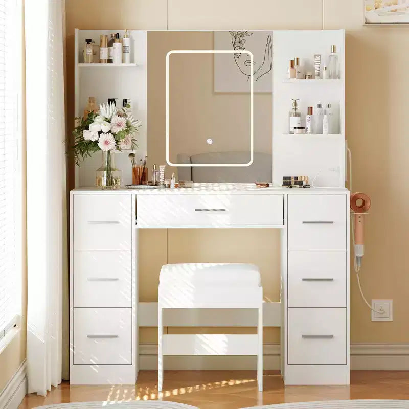 Vanity Desk with Mirror, LED Lights, Power Outlet & Stool – 7 Drawers, Dressing Table