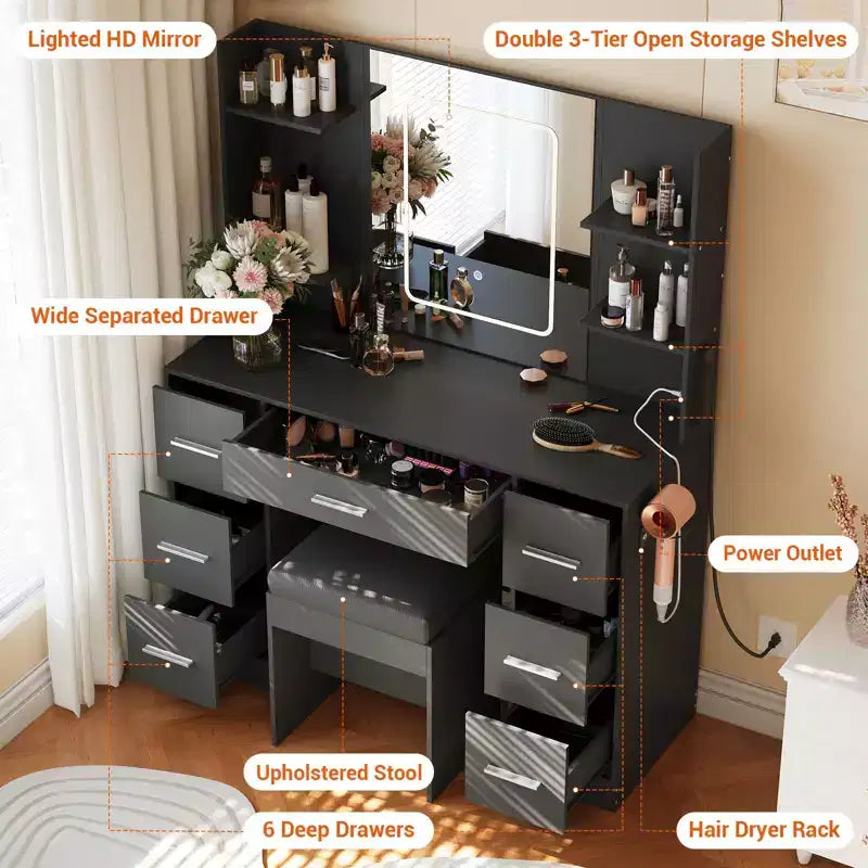 Vanity Desk with Mirror, LED Lights, Power Outlet & Stool – 7 Drawers, Dressing Table