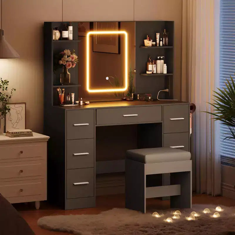 Vanity Desk with Mirror, LED Lights, Power Outlet & Stool – 7 Drawers, Dressing Table
