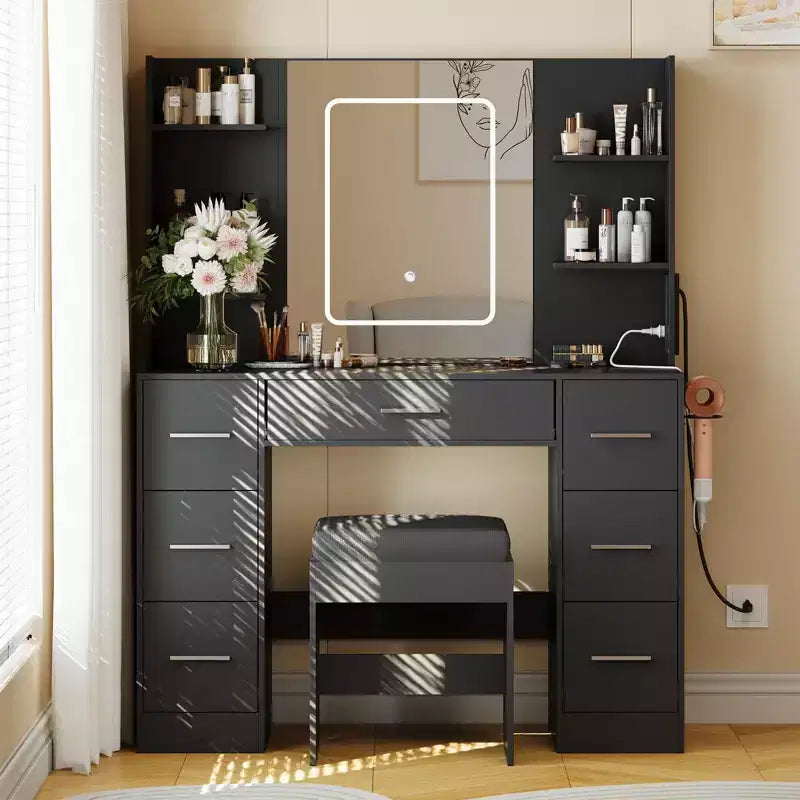 Vanity Desk with Mirror, LED Lights, Power Outlet & Stool – 7 Drawers, Dressing Table