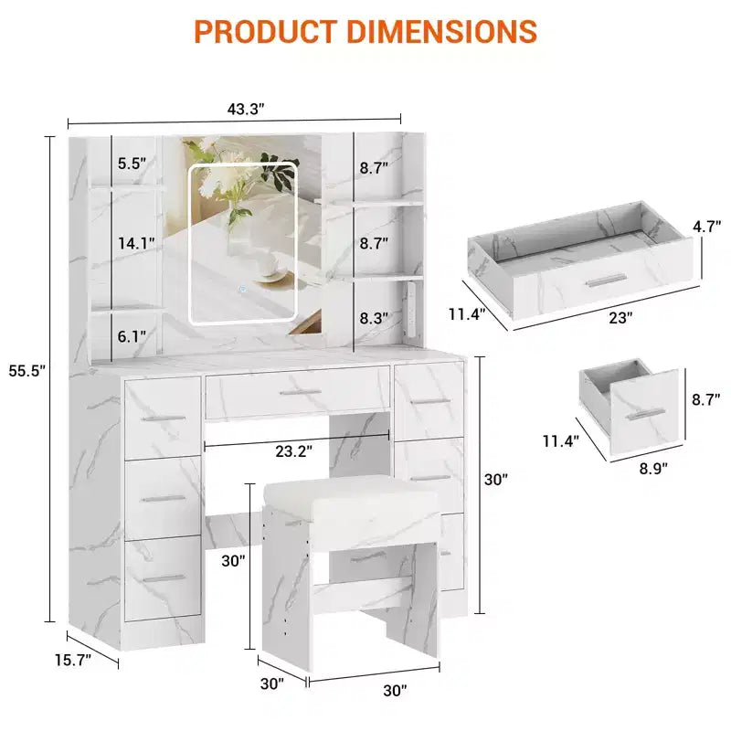 Vanity Desk with Mirror, LED Lights, Power Outlet & Stool – 7 Drawers, Dressing Table
