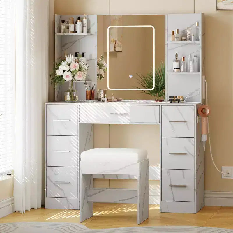 Vanity Desk with Mirror, LED Lights, Power Outlet & Stool – 7 Drawers, Dressing Table