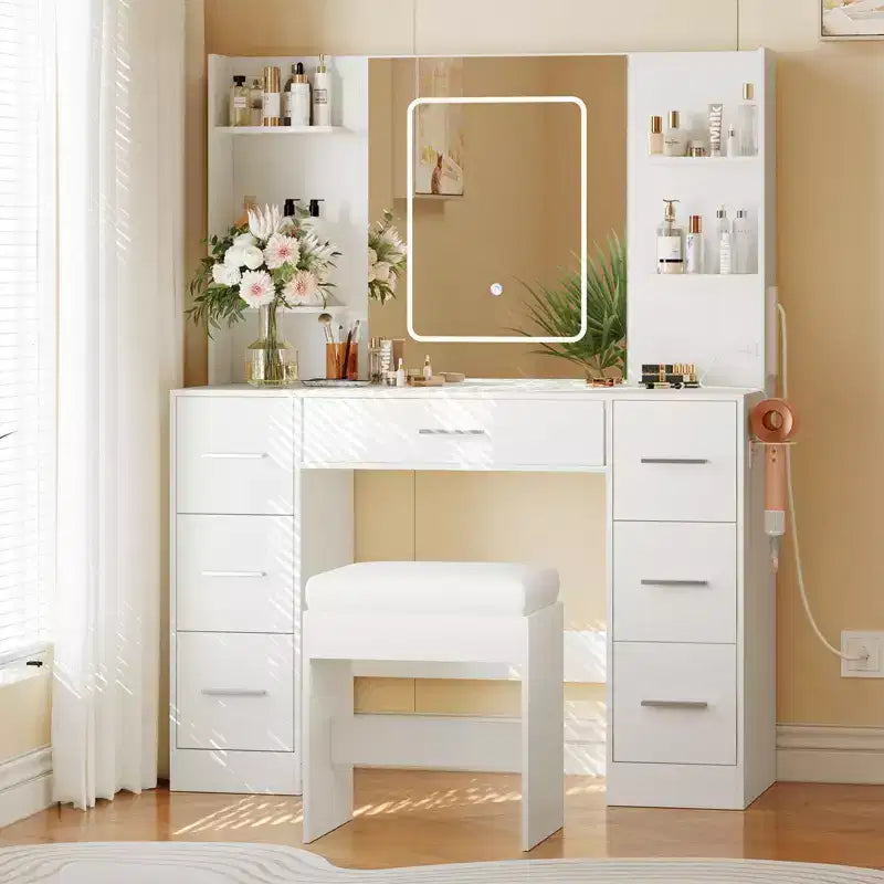Vanity Desk with Mirror, LED Lights, Power Outlet & Stool – 7 Drawers, Dressing Table