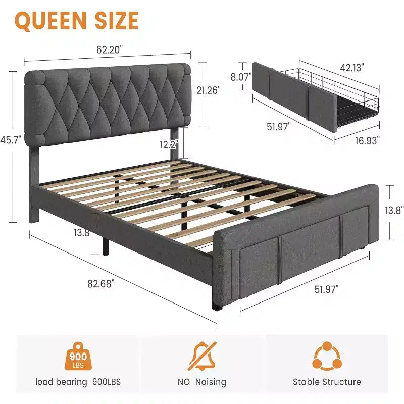 Beige / Grey Upholstered Platform Bed with Storage Drawers, Full / Queen, 1–2 Person