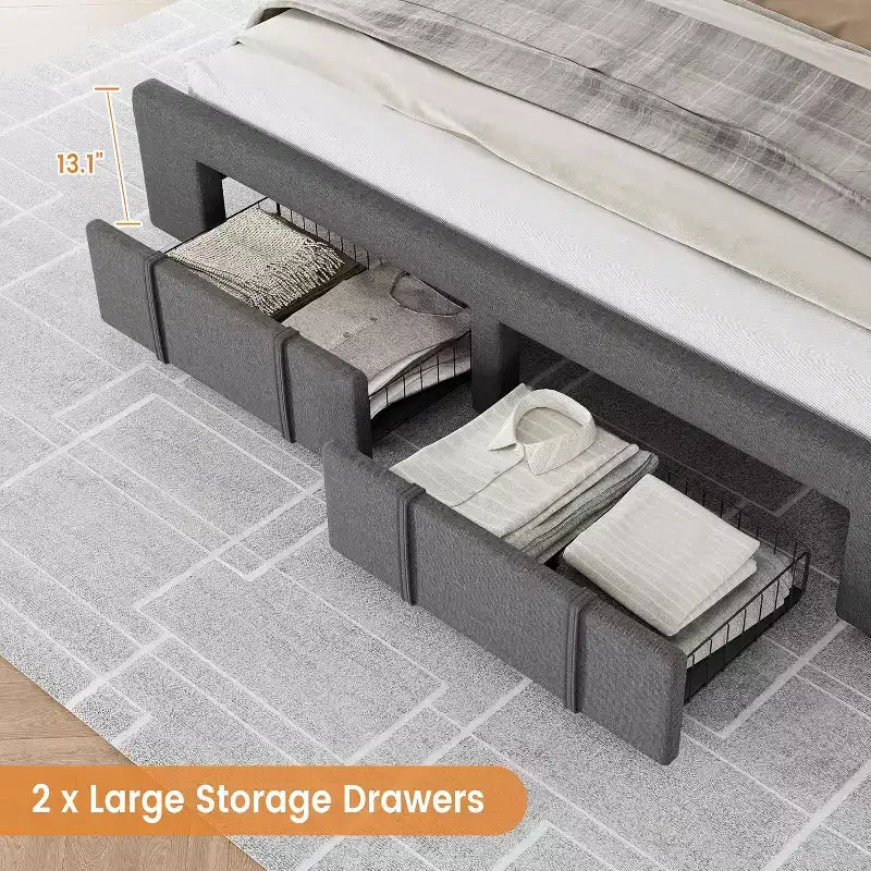 Beige / Grey Upholstered Platform Bed with Storage Drawers, Full / Queen, 1–2 Person