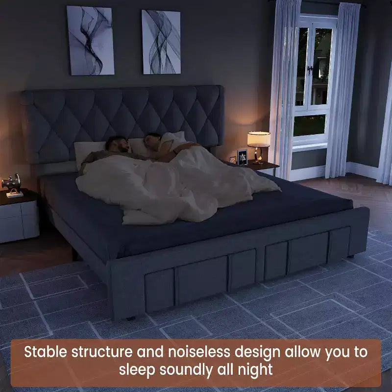 Beige / Grey Upholstered Platform Bed with Storage Drawers, Full / Queen, 1–2 Person