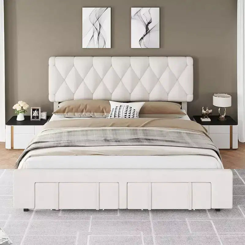 Beige / Grey Upholstered Platform Bed with Storage Drawers, Full / Queen, 1–2 Person