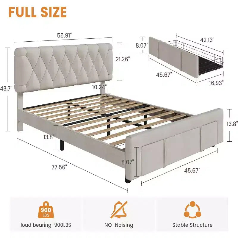Beige / Grey Upholstered Platform Bed with Storage Drawers, Full / Queen, 1–2 Person