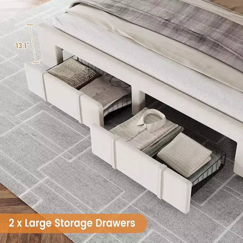 Beige / Grey Upholstered Platform Bed with Storage Drawers, Full / Queen, 1–2 Person