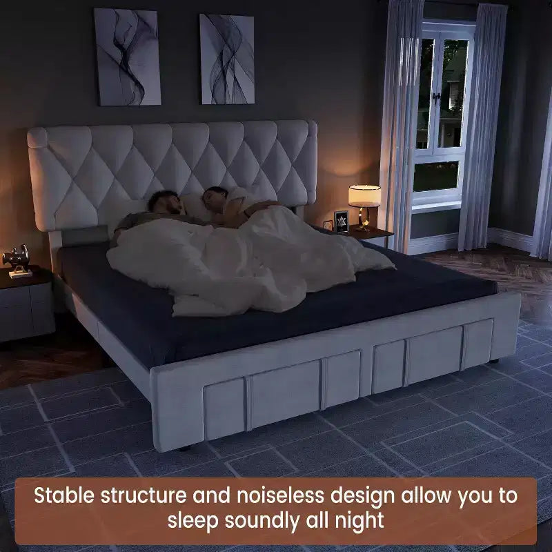 Beige / Grey Upholstered Platform Bed with Storage Drawers, Full / Queen, 1–2 Person