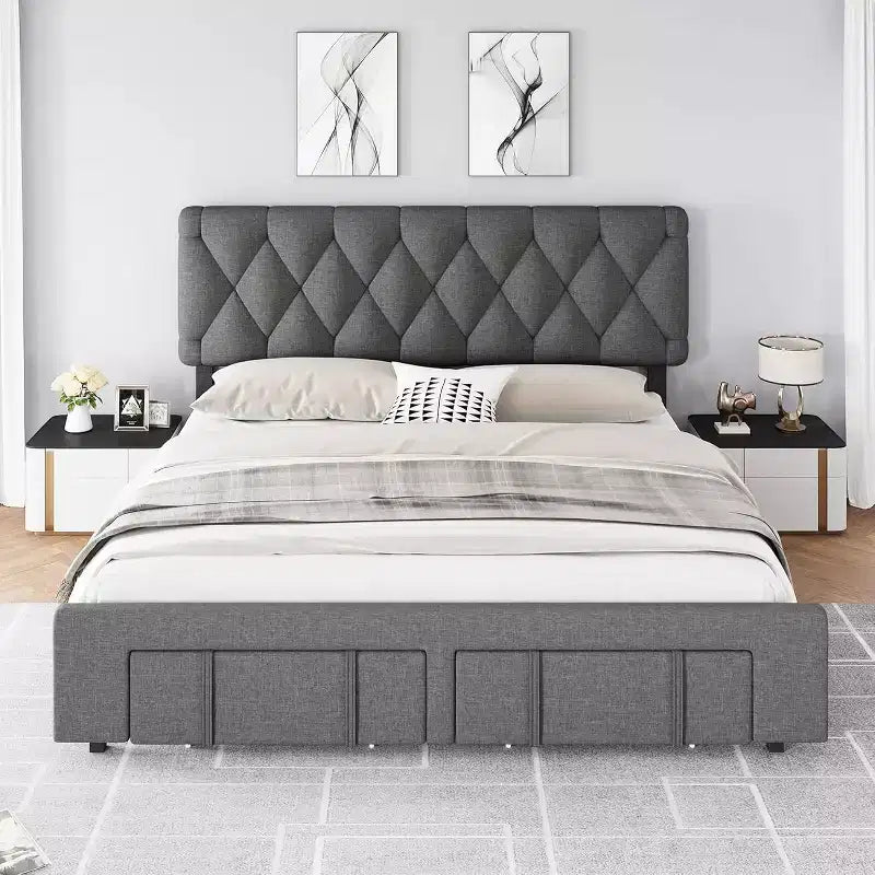Beige / Grey Upholstered Platform Bed with Storage Drawers, Full / Queen, 1–2 Person