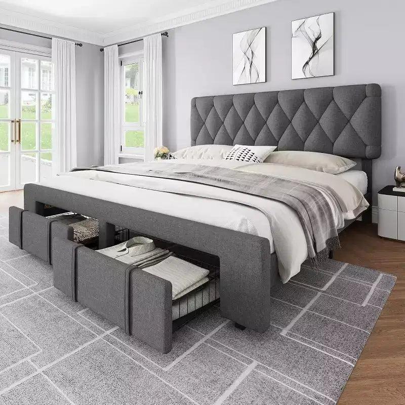 Beige / Grey Upholstered Platform Bed with Storage Drawers, Full / Queen, 1–2 Person