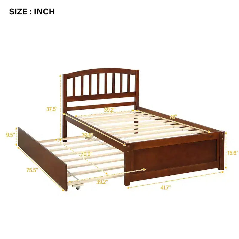Twin Platform Bed Frame with Roll-Out Trundle – Solid Pine Wood, Espresso